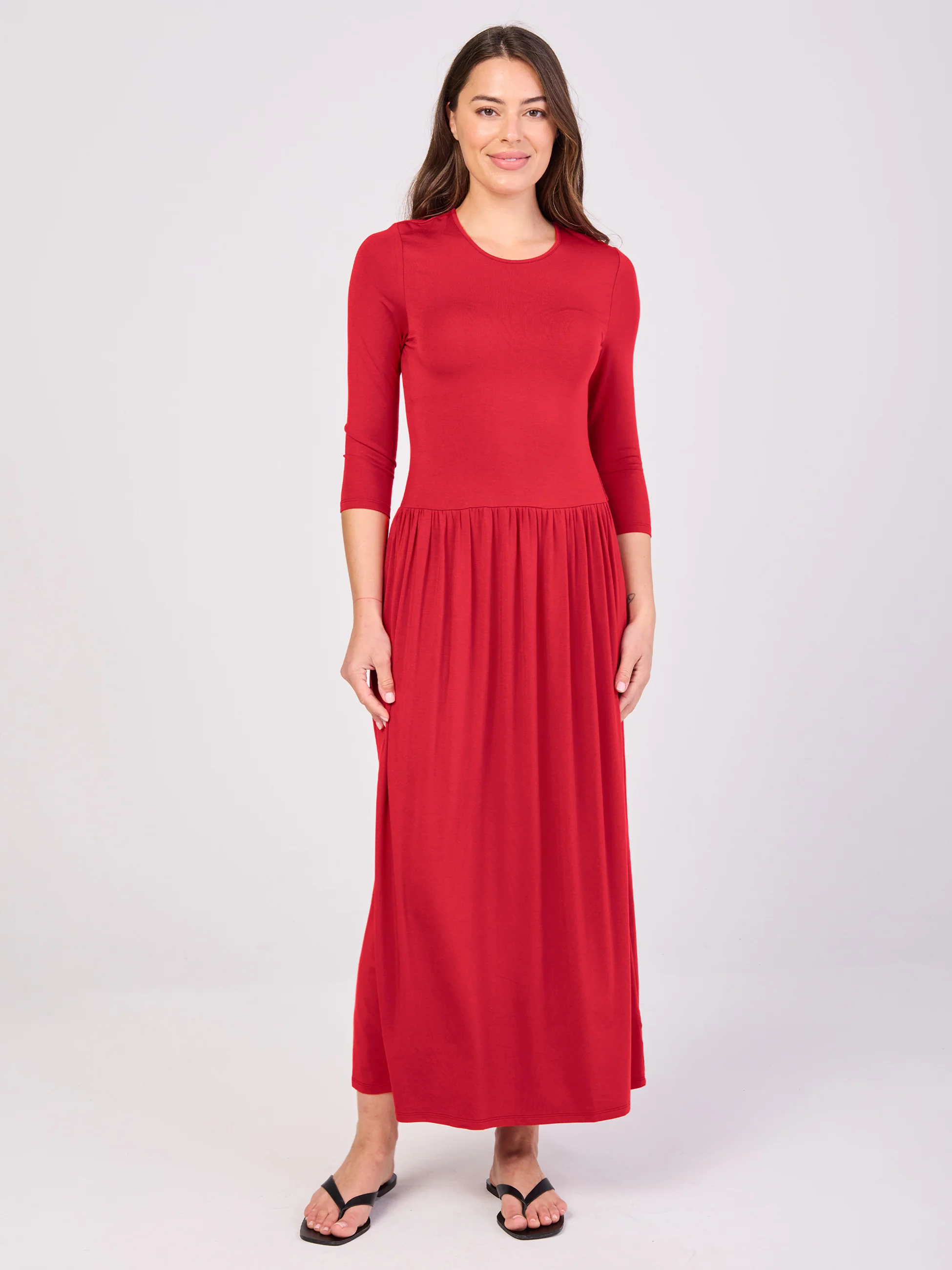 7/8 Sleeve Essential Maxi Dress - Cherry