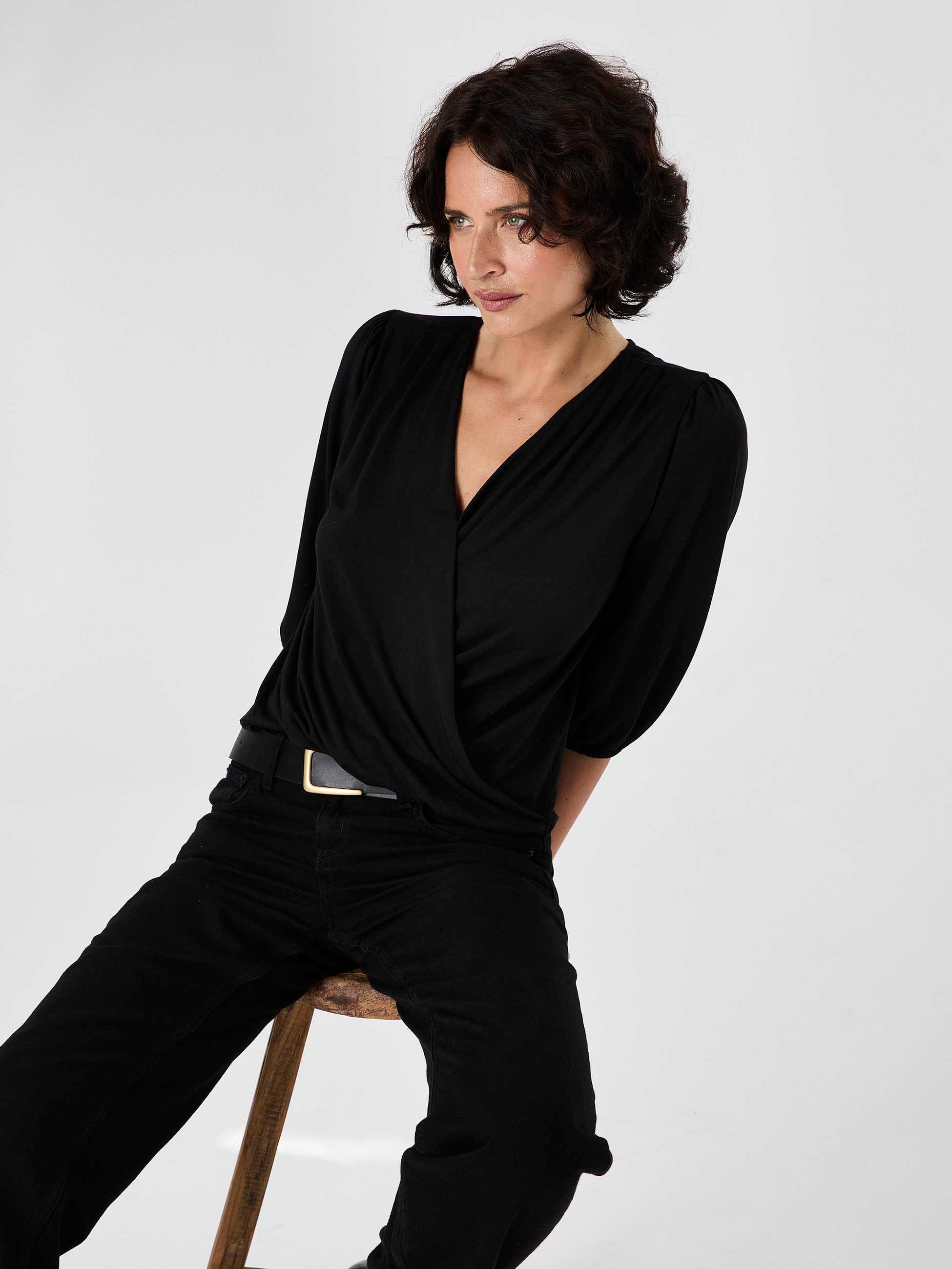 Athena 7/8 Sleeve Drape Top - Black - Image 6