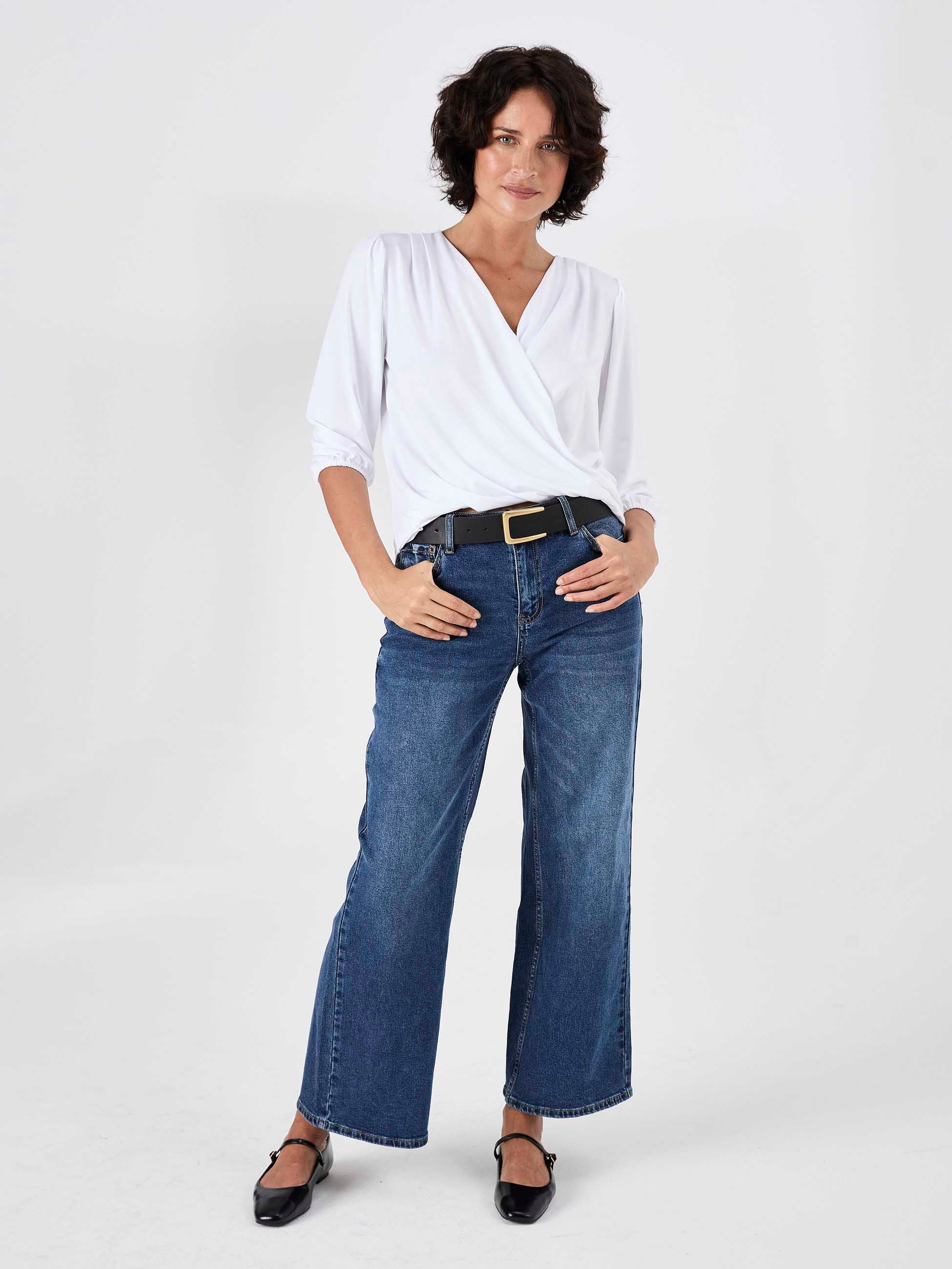 Athena 7/8 Sleeve Drape Top - White - Image 4