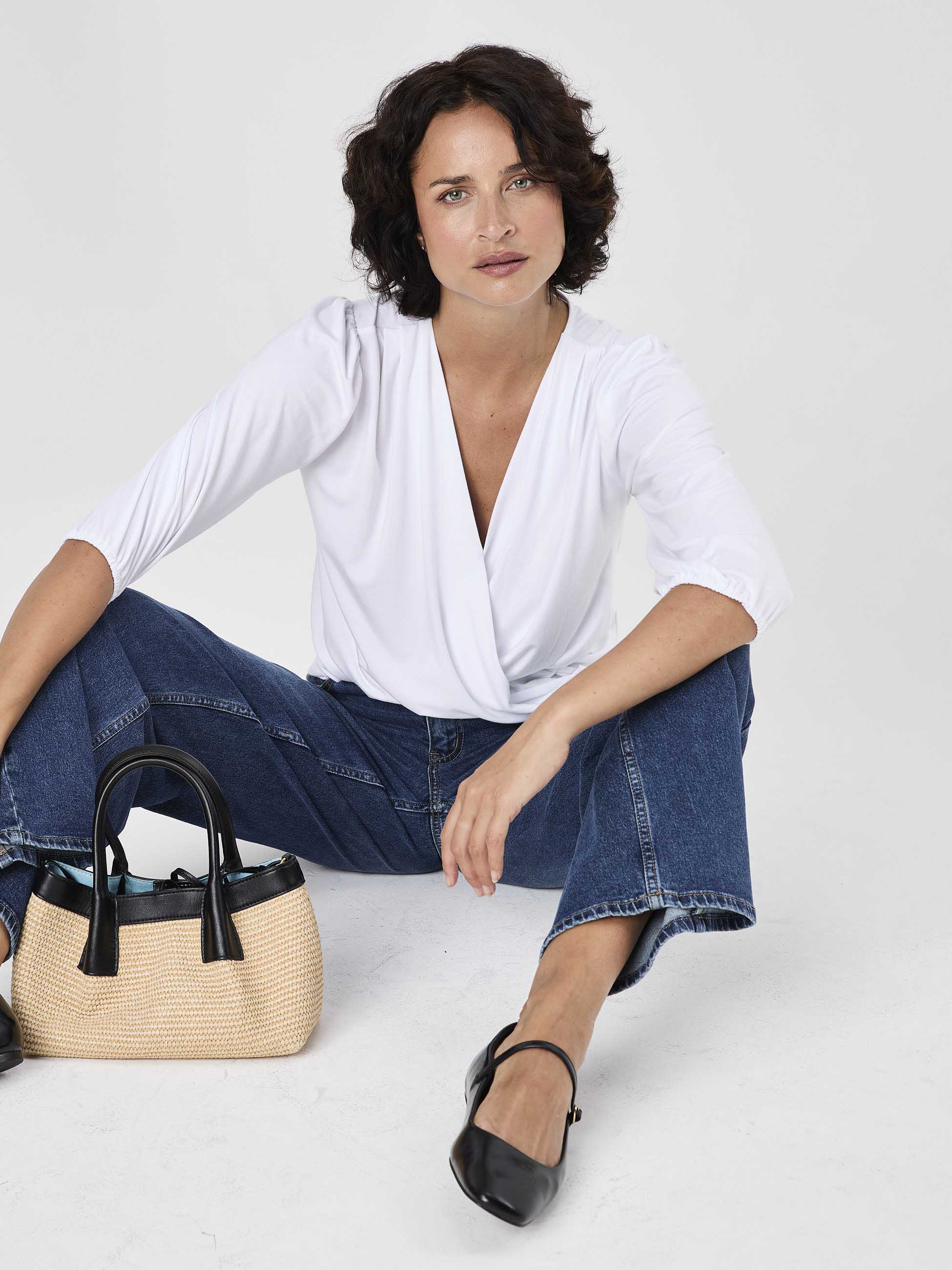 Athena 7/8 Sleeve Drape Top - White - Image 7