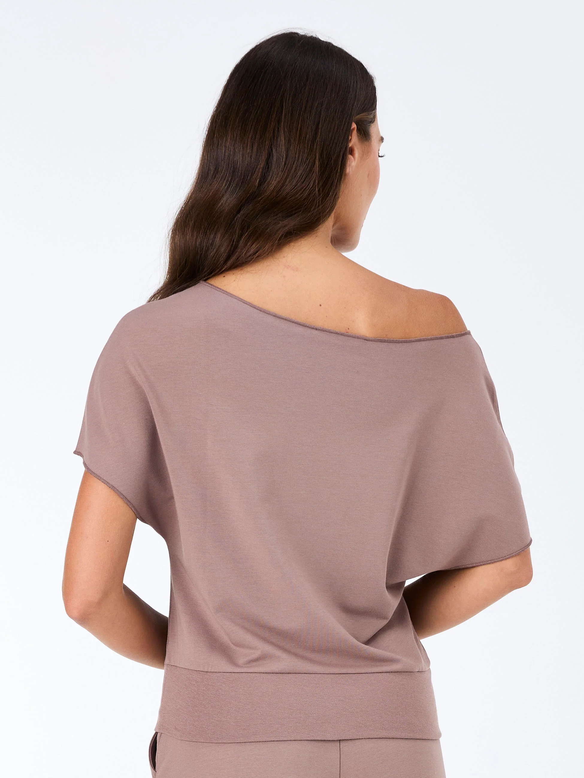 French Terry Short Sleeve Off Shoulder Sweatshirt  - Taupe - Image 2