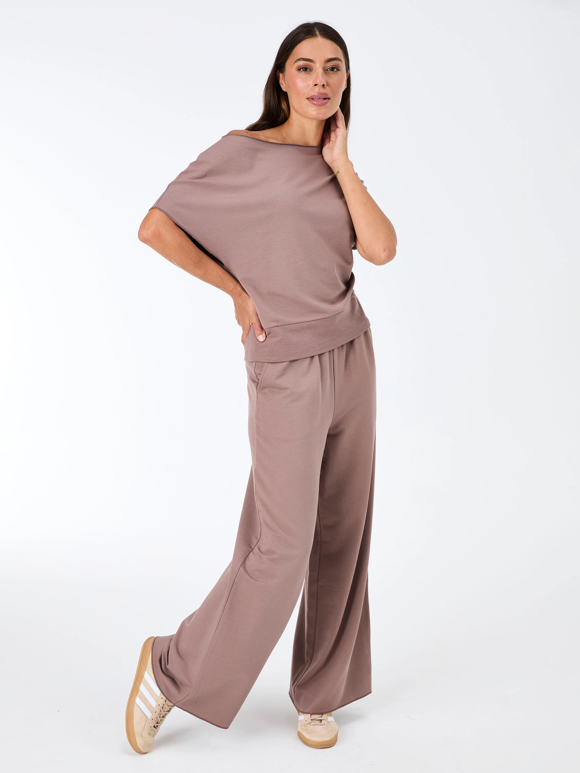 French Terry Short Sleeve Off Shoulder Sweatshirt  - Taupe - Image 3