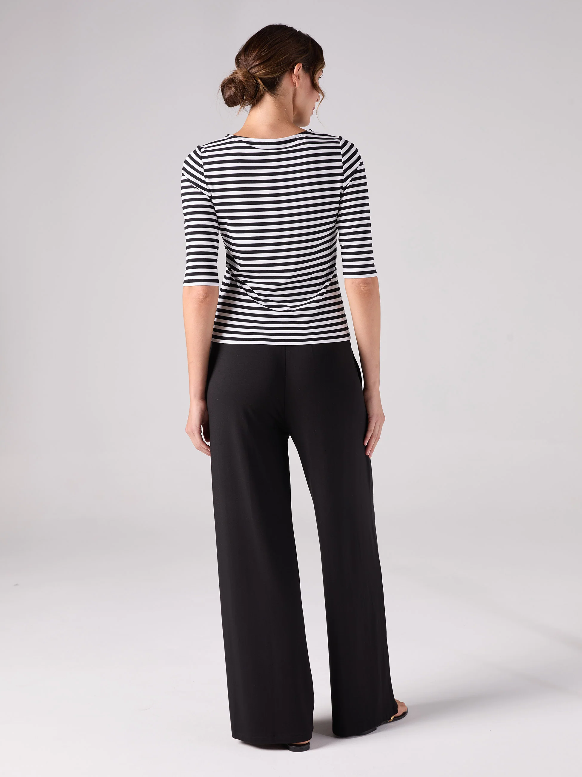 Stripe 7/8 Sleeve Crew Top - Black - Image 2