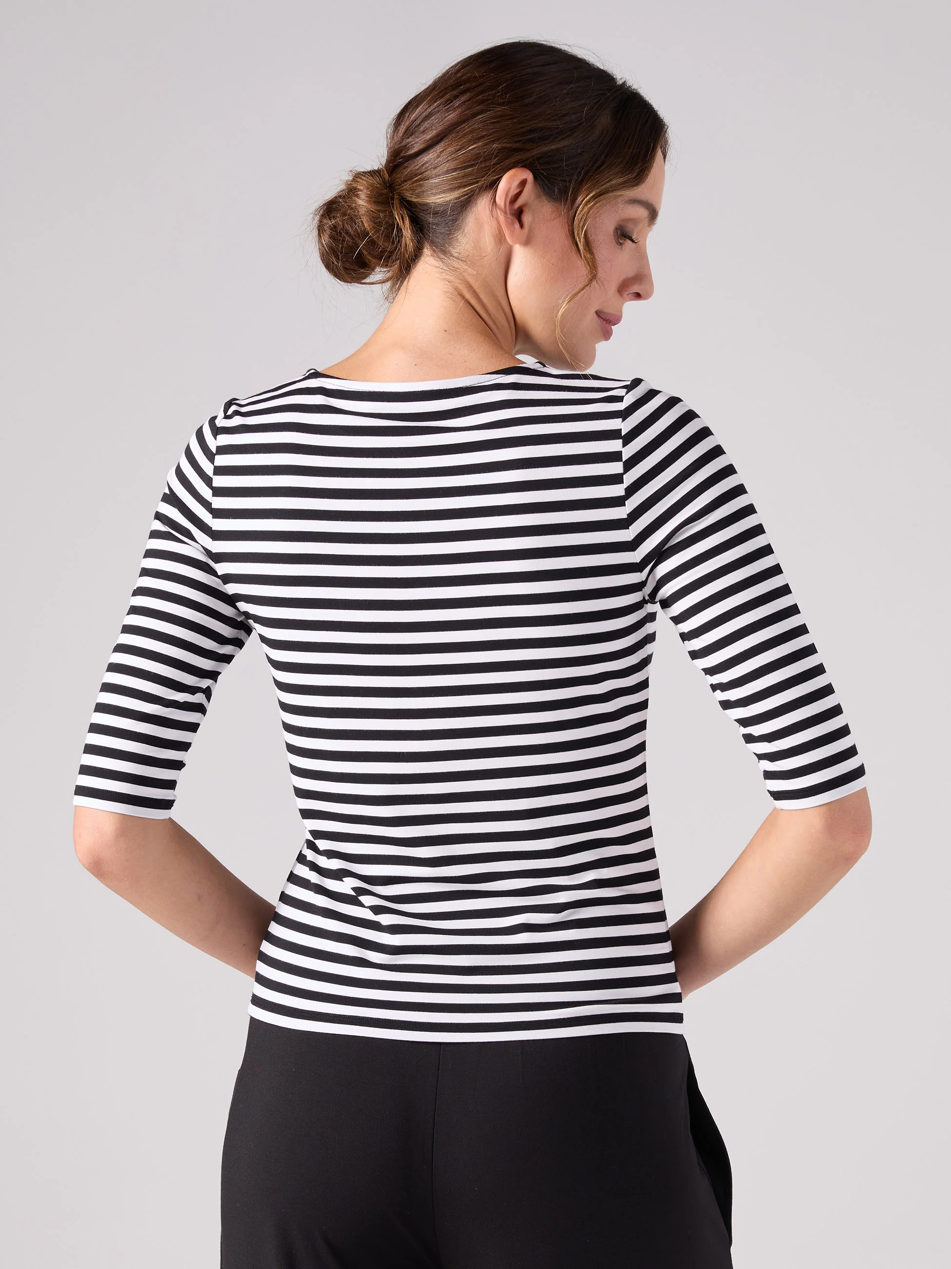 Stripe 7/8 Sleeve Crew Top - Black - Image 3